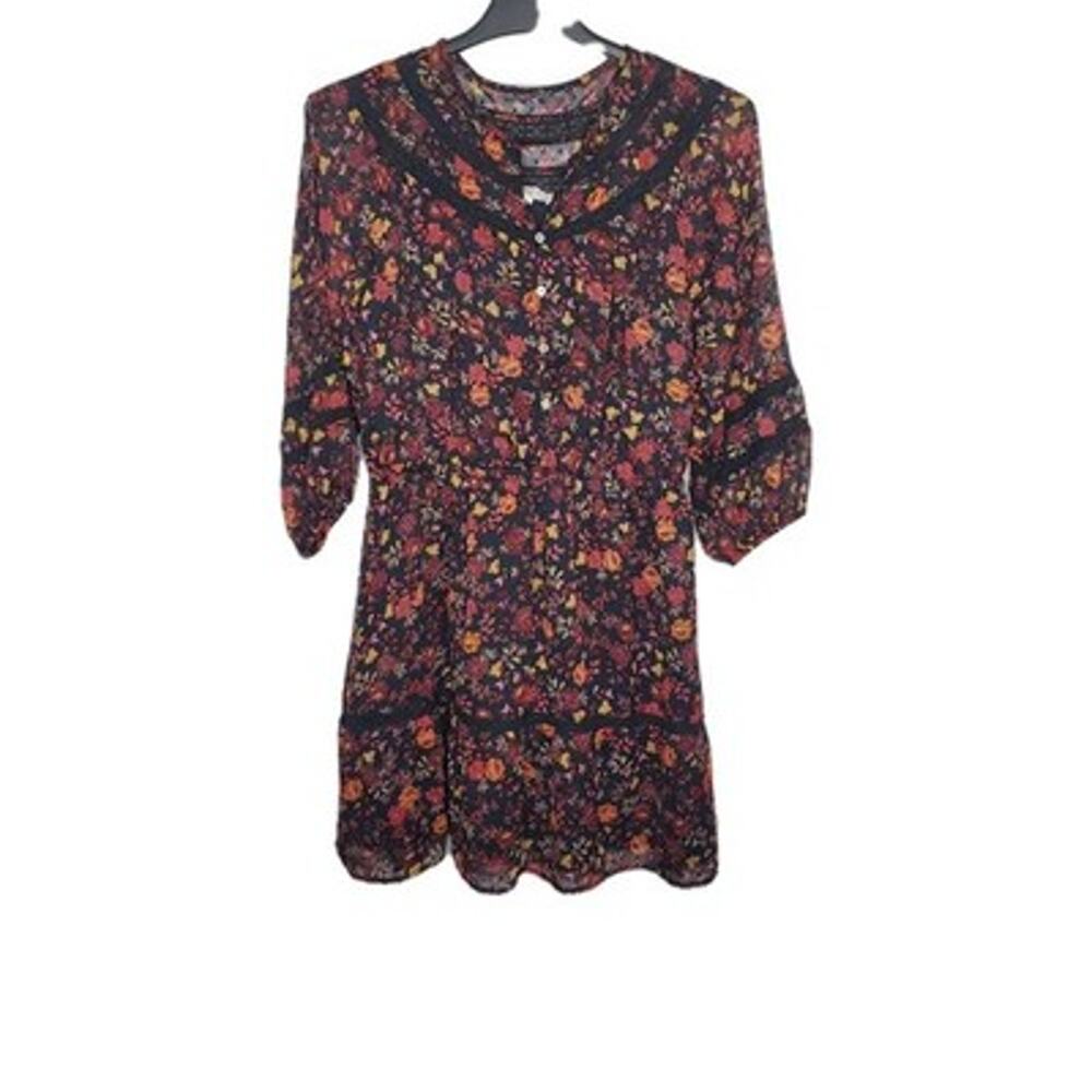 Loft Womens SZ M Floral Clip Tiered Button Dress Dark Floral 3/4 Sleeve Knee